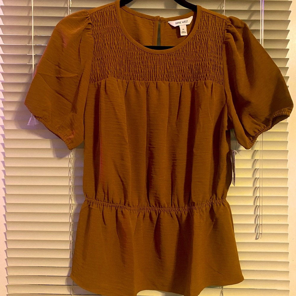 Brown Nine West Peplum Smock Blouse, Size MEDIUM